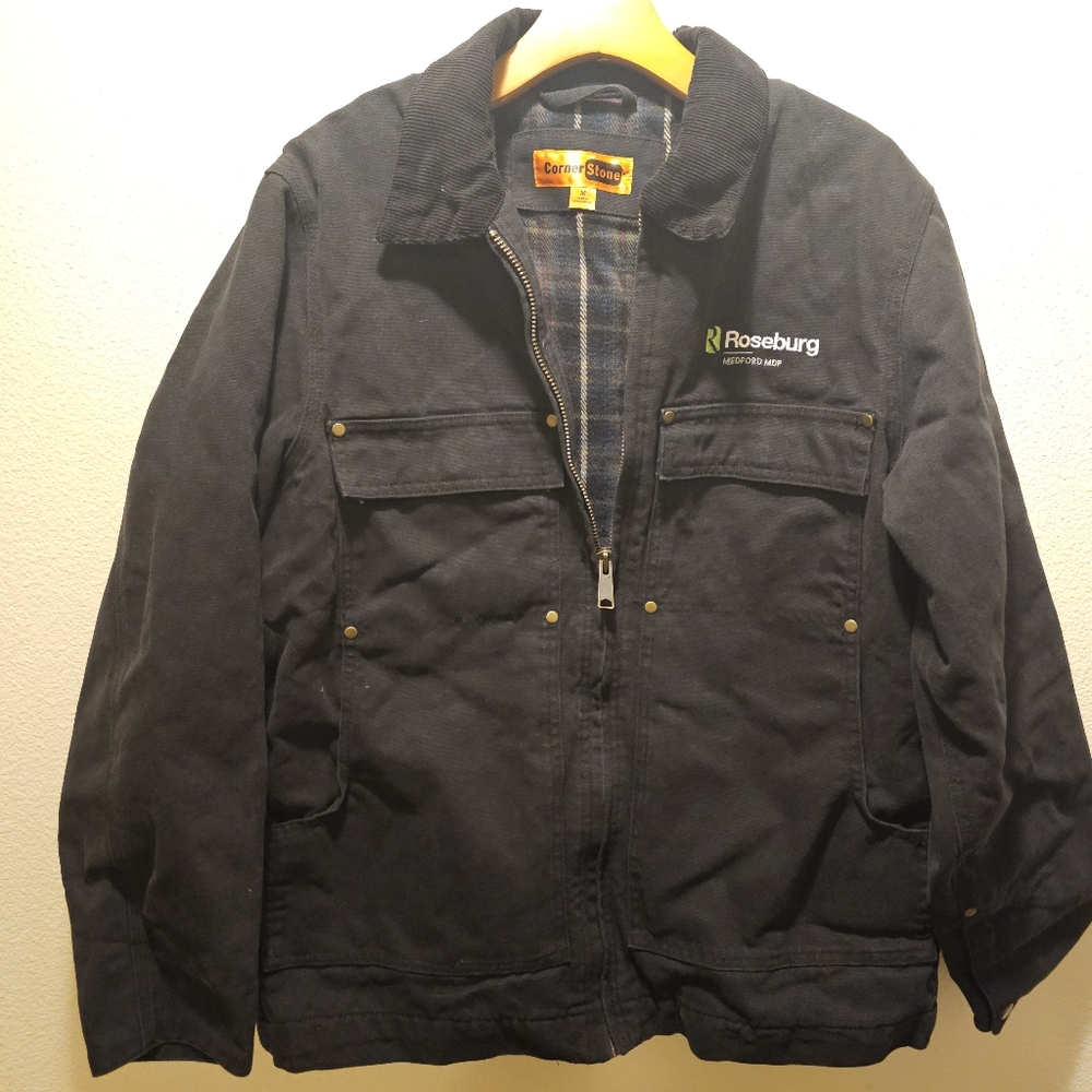 Vintage Corner Stone Canvas Jacket Mens Med Black fleece Lined Utility Workwear